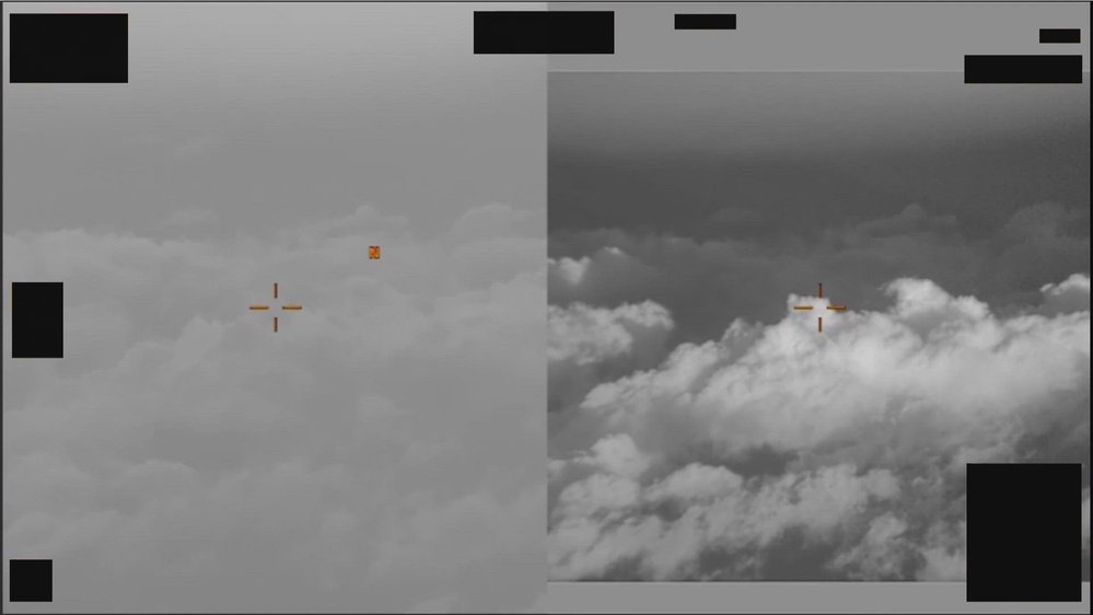 Split-screen infrared and visible-spectrum frame from the AARO DOW-UAP-PR28 Greece video release.