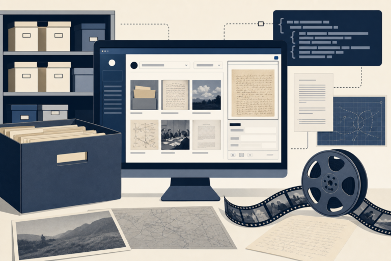 Editorial illustration of labeled archival boxes and digitized document thumbnails arranged around a National Archives-style catalog interface.