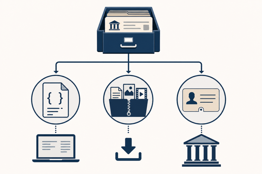 Diagram showing a metadata file leading to grouped digital archive packages, catalog records and onsite-only holdings.