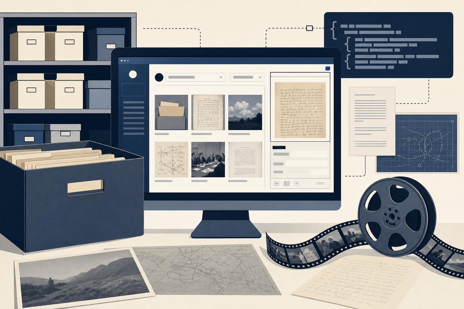 Editorial illustration of labeled archival boxes and digitized document thumbnails arranged around a National Archives-style catalog interface.