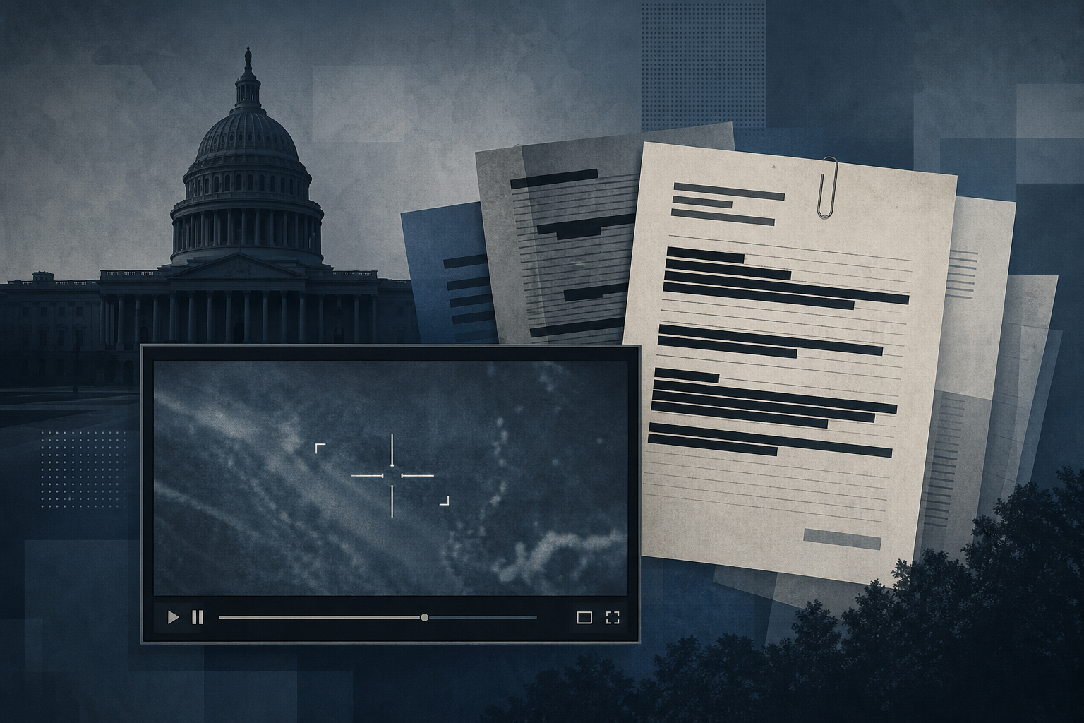 A neutral government building silhouette beside layered document pages and a media-video frame, with no people or spacecraft depicted.