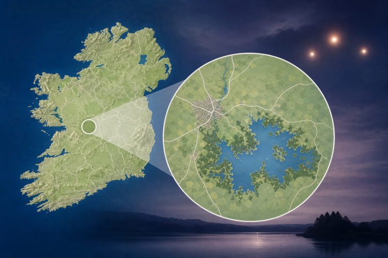 Editorial locator graphic showing Boyle and Lough Key in County Roscommon alongside the title The Lights Above the Lake.