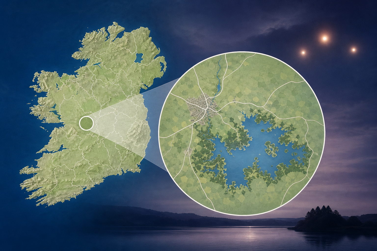 Editorial locator graphic showing Boyle and Lough Key in County Roscommon alongside the title The Lights Above the Lake.