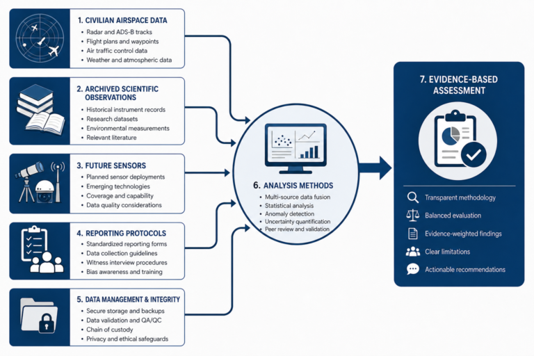 Editorial explanatory graphic showing separate streams of aircraft, weather, sensor and public-report data converging into a UAP analysis process.
