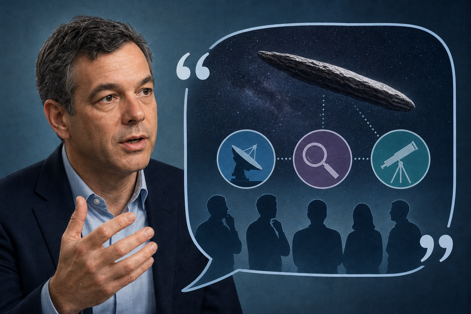 Editorial quote graphic showing Avi Loeb’s reported statement about an interstellar visitor and Earthly political borders.