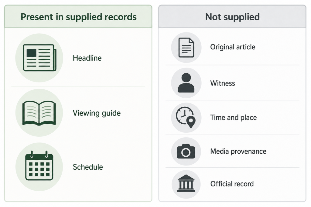 Diagram separating what is present in the supplied records from the missing evidence needed to verify an alleged UAP event.