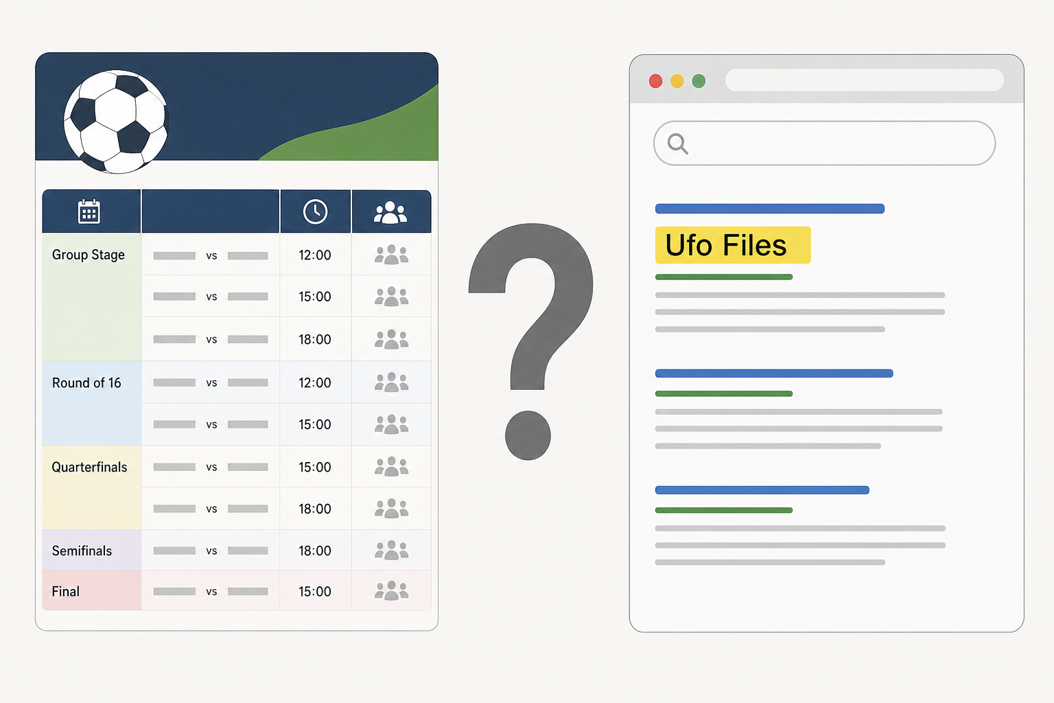 Editorial graphic showing a search-result headline beside a World Cup fixture listing, with a clearly separated question mark.