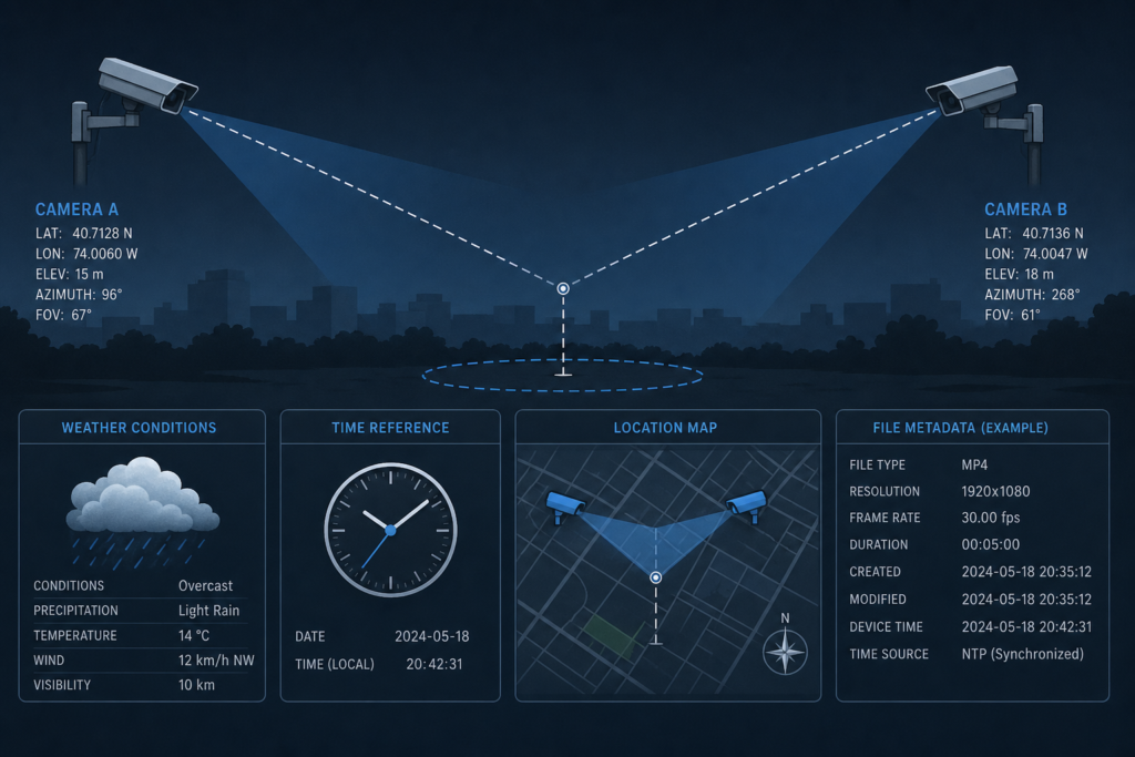 Diagrammatic editorial image showing two observation points converging on a sky location, with weather, time and camera metadata labels.