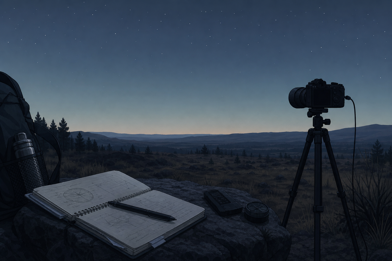 A field notebook, camera and data markers beneath a night sky, without depicting an unidentified object as evidence.