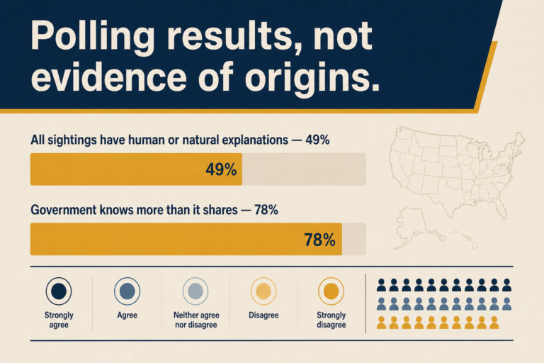 Editorial illustration of a U.S. polling chart separating beliefs about UFO origins from views on government transparency.