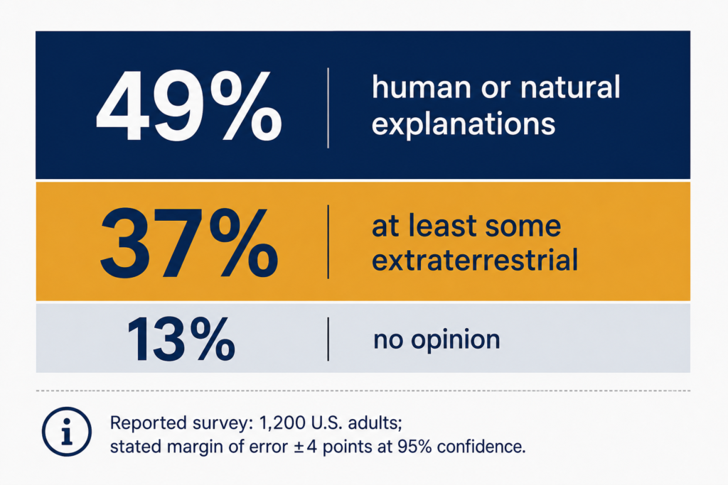 Diagram showing the reported 49%, 37% and 13% distribution of views on UFO origins and the survey's stated margin of error.