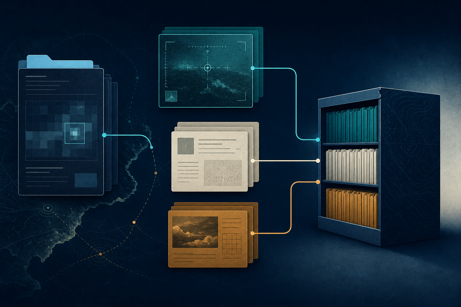 Editorial illustration showing document cards, sensor frames and geographic trace lines representing the public path from an official UAP index to case material.