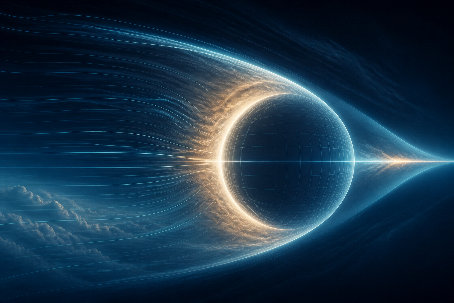 Scientific editorial illustration of an abstract spacetime bubble producing a luminous atmospheric bow shock.