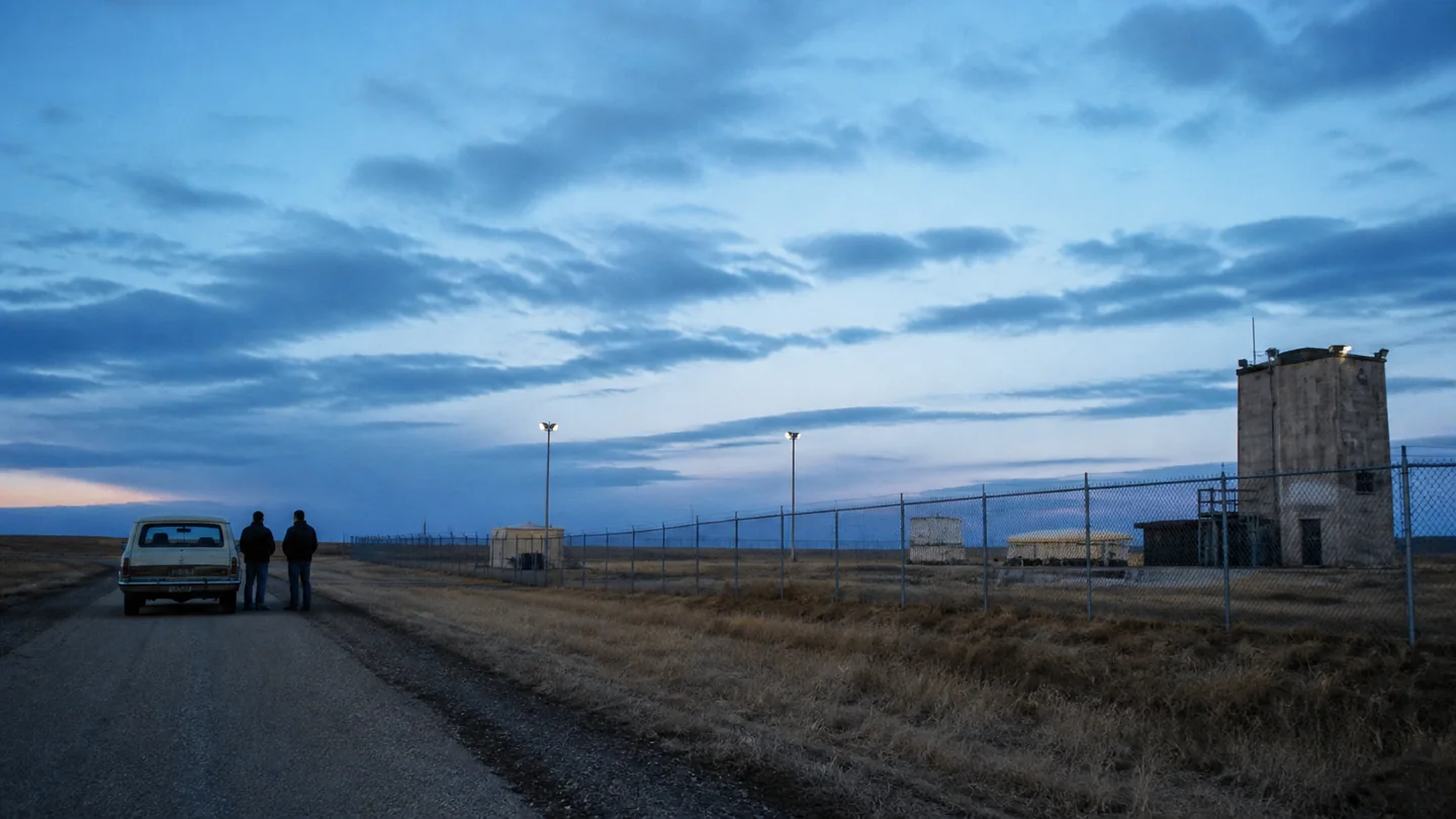Realistic editorial reconstruction of a remote 1970s missile facility at blue hour.