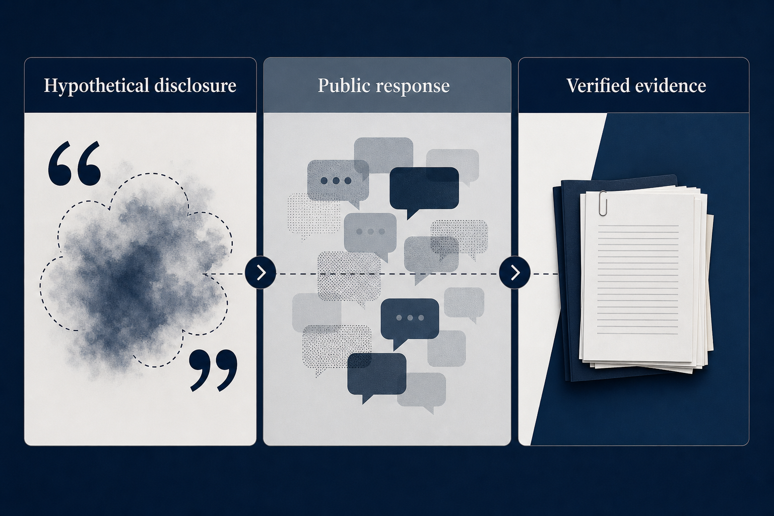 A restrained editorial diagram showing a speech quotation connected to separate labels for hypothetical disclosure, public response and verified evidence.