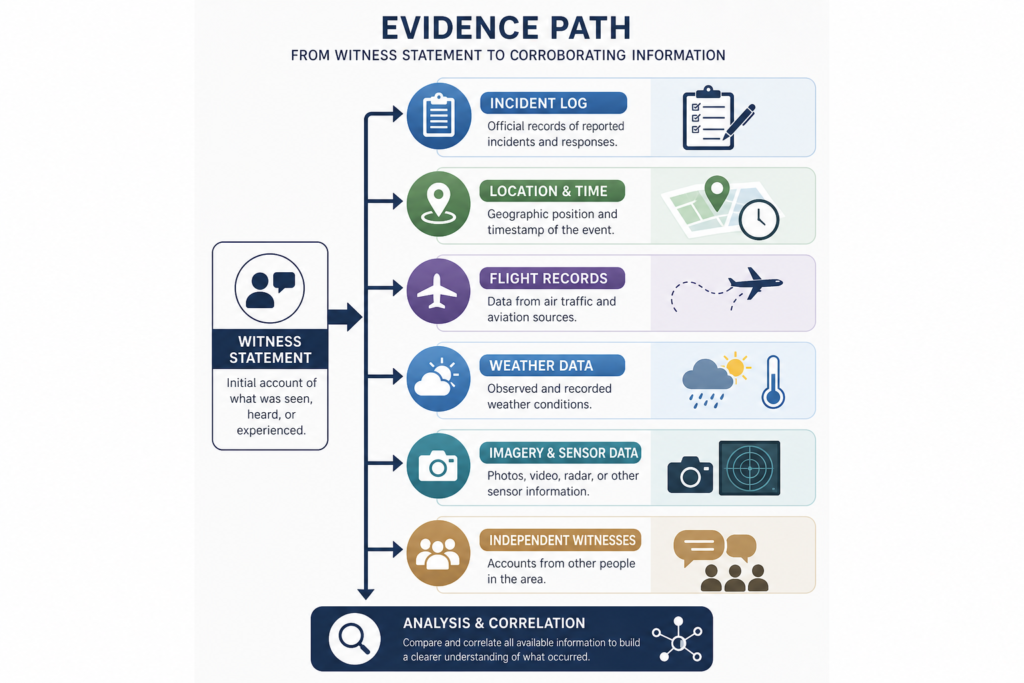 A labelled evidence-path diagram connecting a witness statement to incident logs, flight records, weather data and independent corroboration.