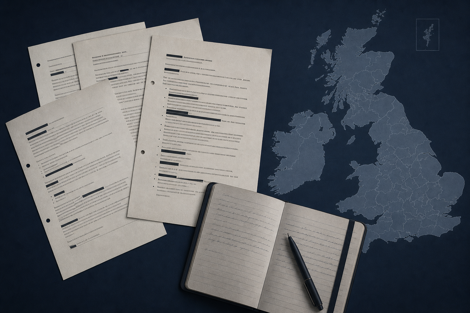 A labelled editorial graphic showing anonymised report pages connected to a British police notebook and a map of the United Kingdom.