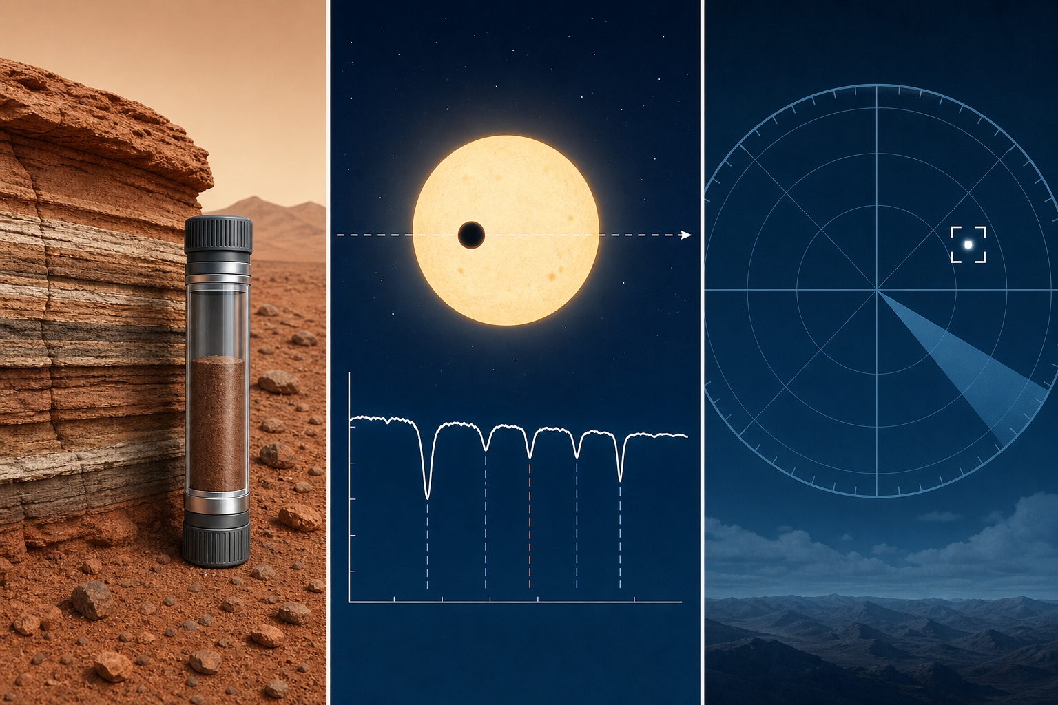 Editorial illustration showing a Mars sample tube, a transit-spectrum chart and an abstract sensor track arranged as separate evidence streams.