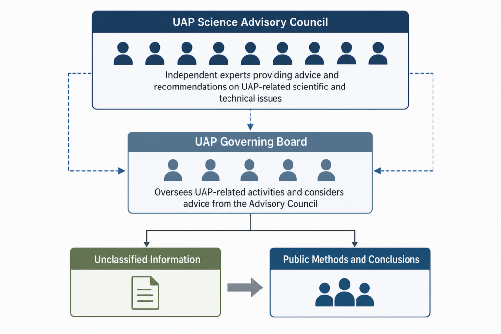 A clean flow diagram showing an advisory council connected to a governing board and public-facing unclassified work.