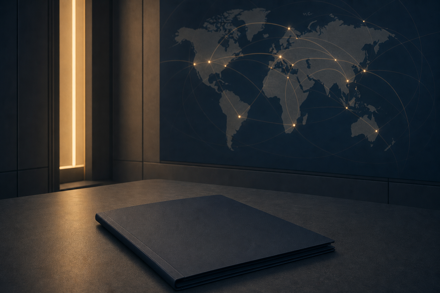 A restrained document-led graphic showing an abstract government planning folder beside a simplified network of international connections.