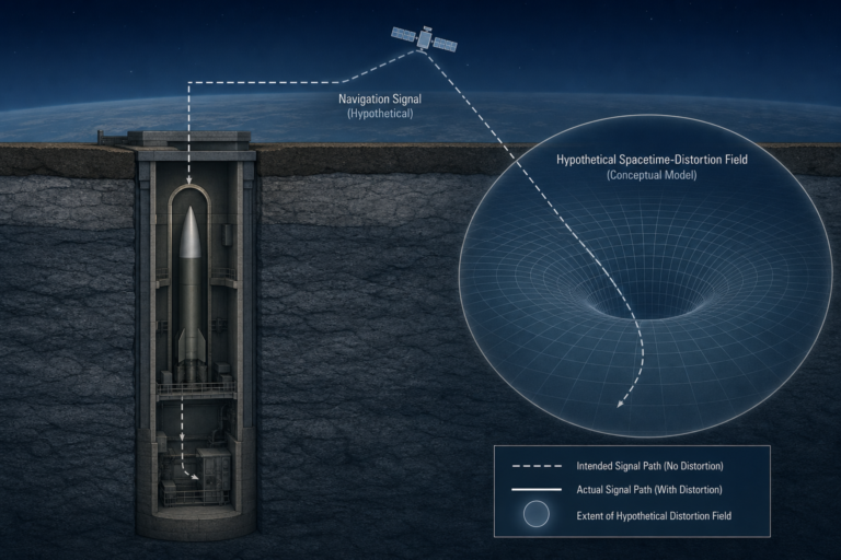 Diagram showing a missile-navigation signal and a labelled hypothetical distortion of spacetime.