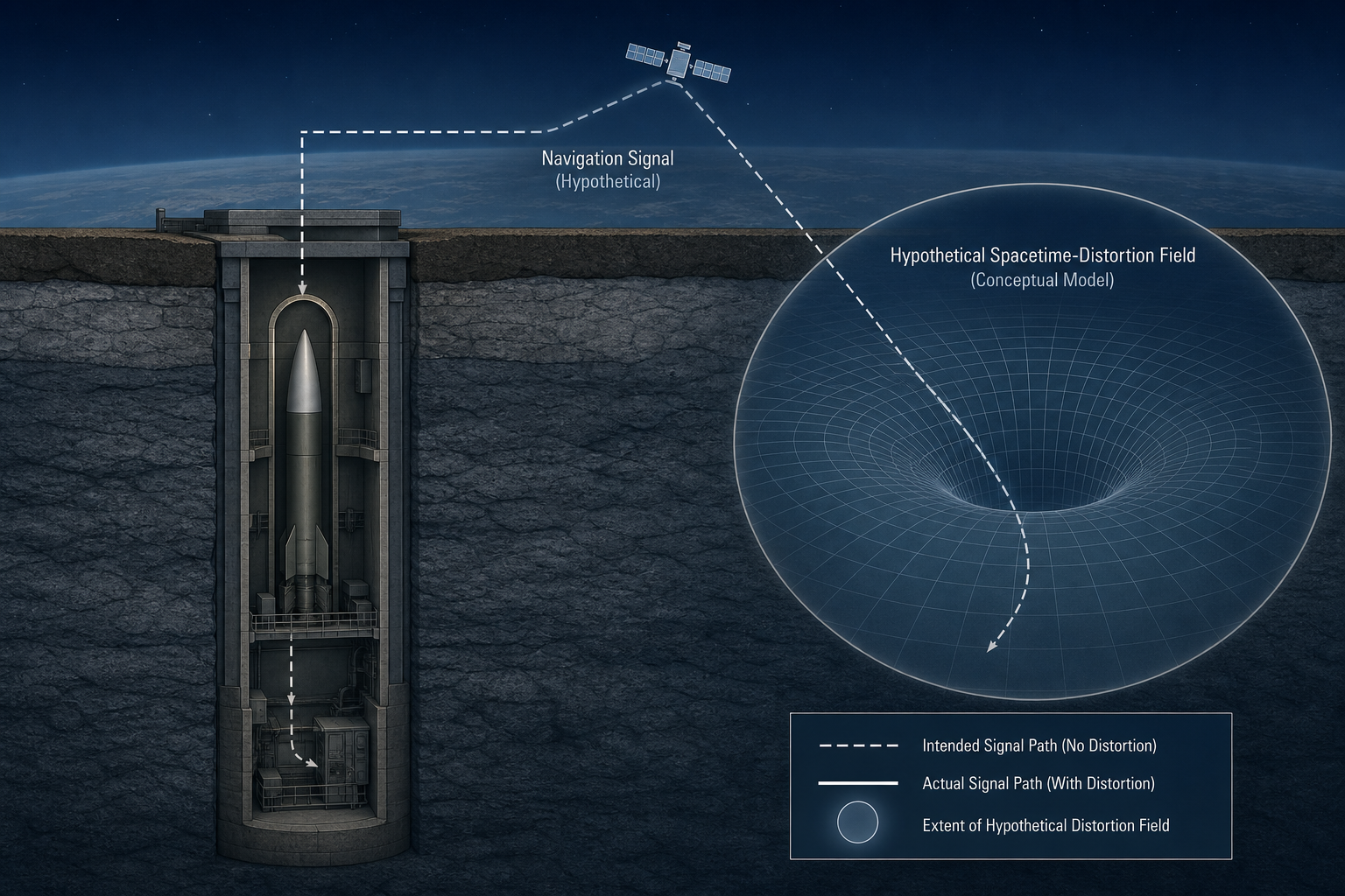 Diagram showing a missile-navigation signal and a labelled hypothetical distortion of spacetime.