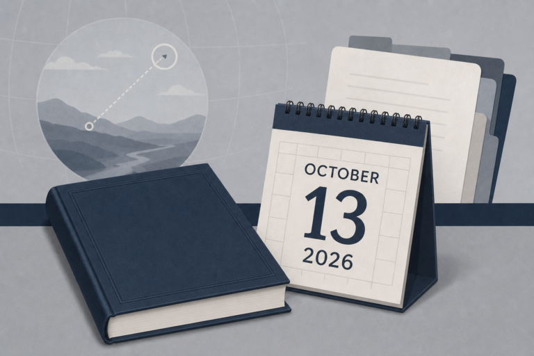 An explanatory editorial graphic showing a closed dark-blue memoir volume beside a dated October 2026 publishing calendar and abstract document tabs.