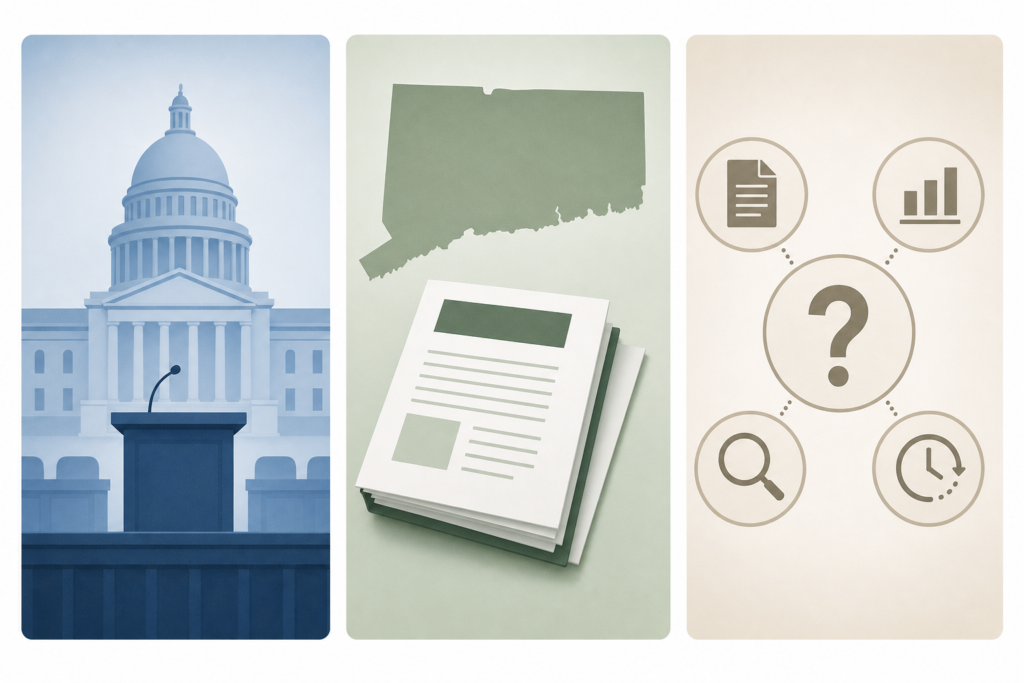 A clean process diagram linking a legislative testimony submission, a Connecticut UAP study bill and unanswered verification questions.