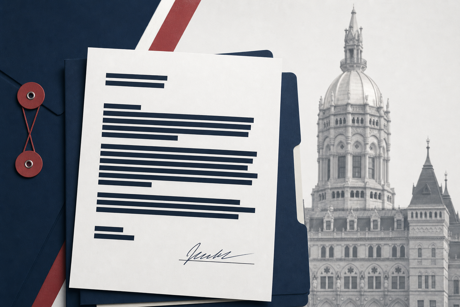 A document-led graphic showing a signed testimony page beside a simplified Connecticut Capitol dome and redacted briefing lines.