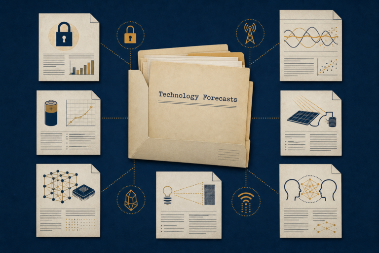 Diagrammatic view of eight declassified technology-forecasting reports arranged around a central NSA document-release file.
