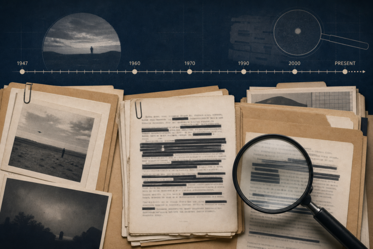 Editorial illustration of overlapping archival file folders, a timeline and redacted document markings.