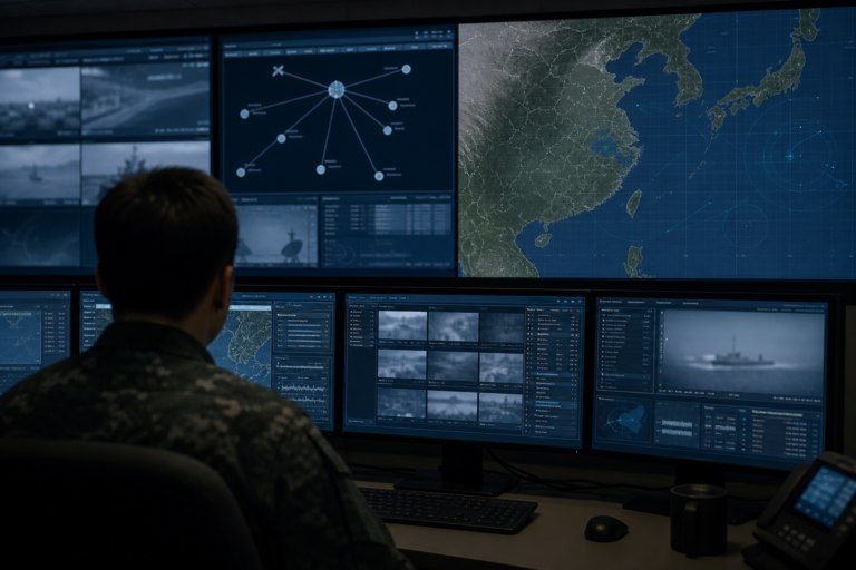 A documentary-style view of a network operations workstation displaying abstract video-feed windows and a regional map of East Asian waters.