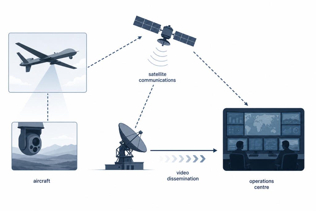 A clear schematic showing a remotely piloted aircraft video feed moving through satellite communications to a network operations centre.