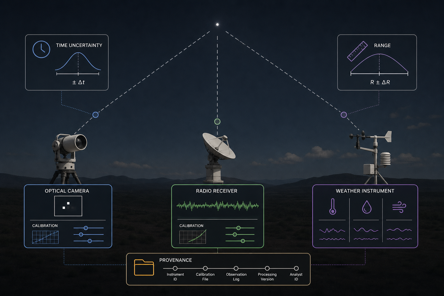 Diagram showing multiple calibrated instruments observing a point in the sky with shared time and range data.